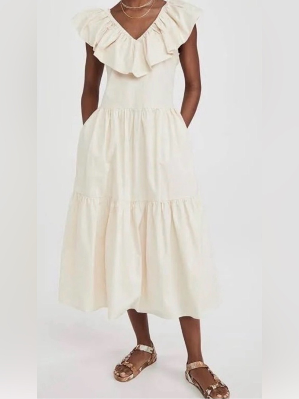 English Factory Ruffle-Neck Midi Dress NWT Small Beige MSRP $120